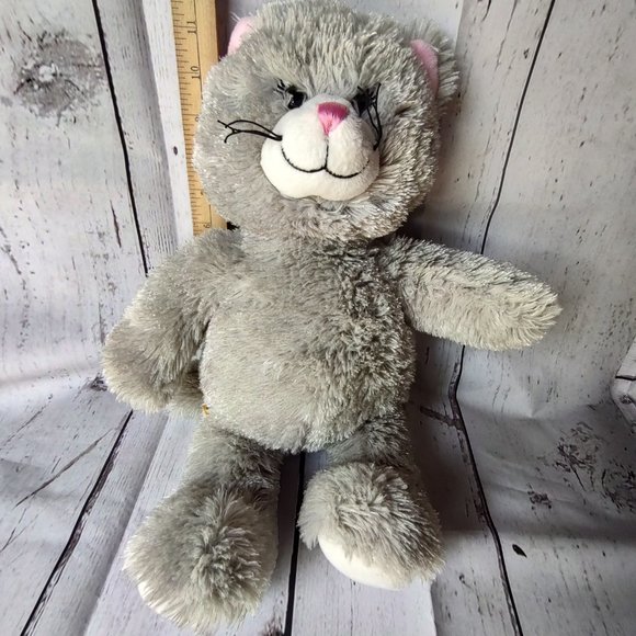 Build A Bear Grey Kitty Cat Stuffed Animal Plush 17" BABW Pink Nose Ear - Picture 9 of 10
